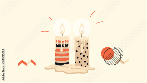 Two decorative lit candles with patterns and melting wax surrounded by various abstract geometric shapes and lines.