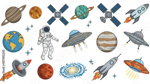 Vibrant collection of space themed illustrations featuring astronauts, planets, rockets, satellites, and unidentified flying objects.