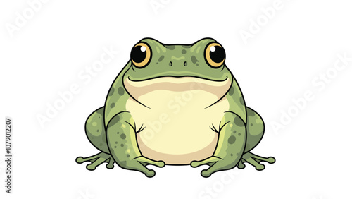 Friendly illustration of a plump green frog sitting comfortably and looking forward with large eyes on a plain white background.