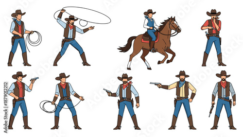 Action-packed set of cowboys in various poses including riding a horse, using a lasso, and drawing pistols in a classic western style.
