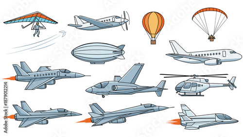 Diverse set of aircraft including commercial planes, fighter jets, a helicopter, a blimp, and a hot air balloon on a white background.