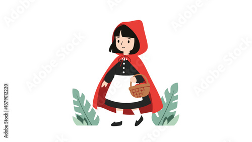 Classic fairy tale character little red riding hood carrying a basket while walking through a forest represented by green leaves.