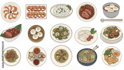Mouthwatering collection of traditional asian food dishes including dumplings, shrimp, noodles, and stir-fry on white ceramic plates.