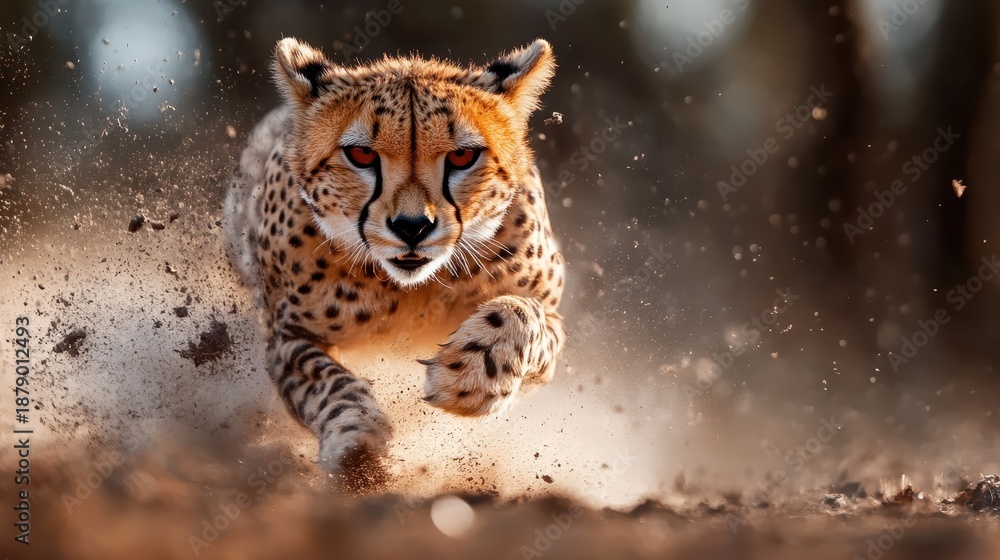 Obraz premium A powerful cheetah in full stride, showcasing its remarkable speed and grace as it races through the wild, epitomizing the beauty and raw power of nature's predators.