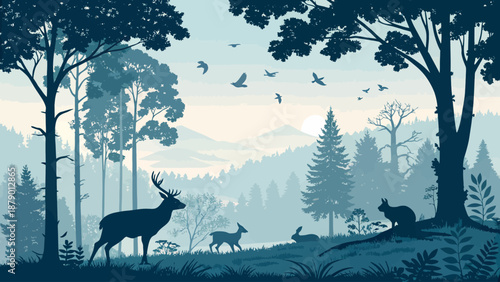 Serene forest landscape with deer and wildlife at sunset