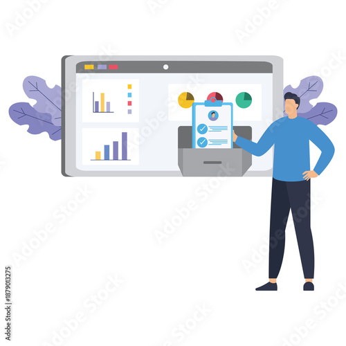 Wallpaper Mural Man stands beside a large digital tablet displaying various colorful charts and graphs while retrieving a printed checklist document. Torontodigital.ca