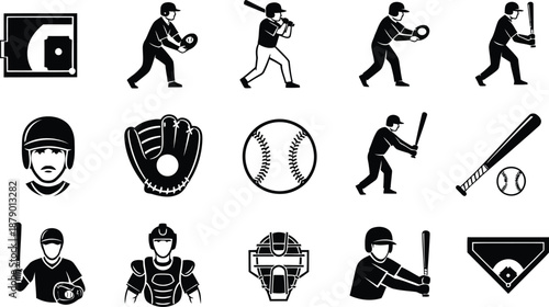Baseball player silhouette illustrations and equipment