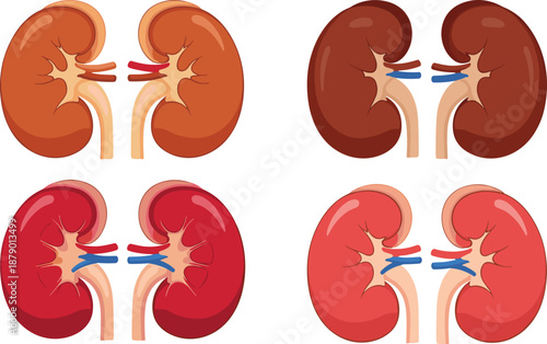 Human kidney anatomy set, renal artery vein ureter details, medical organ illustration, health concept, flat vector illustration