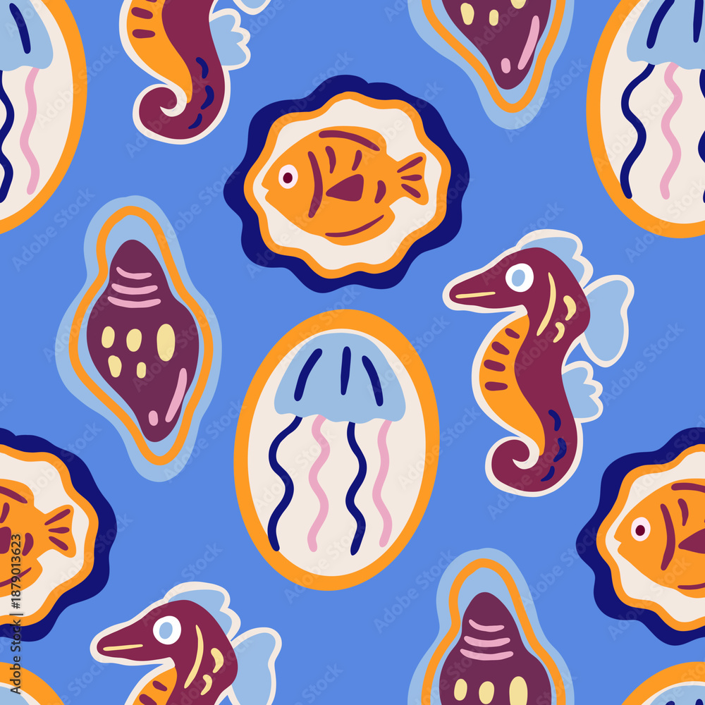 Fototapeta premium Hand drawn Mediterranean sea life seamless pattern with seahorse jellyfish and fish in paper cutout style for textile and surface design