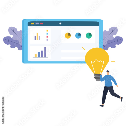 Man holding a large glowing lightbulb runs past a floating digital dashboard displaying various colorful charts and graphs for data analysis.