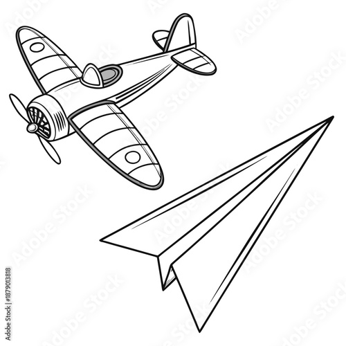 Illustration of a vintage airplane and paper airplane