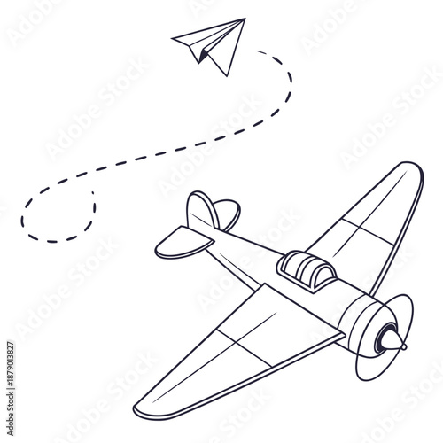 Illustration of a paper airplane and a propeller plane