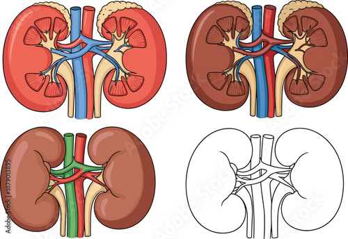 Human kidney anatomy set, renal system illustration, medical diagram, internal organ details, educational graphic, flat vector illustration