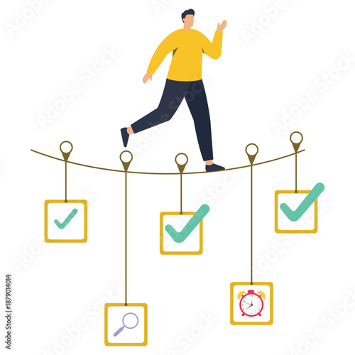 A solitary male figure balances precariously while traversing a thin line strung between support points, symbolizing careful progression toward objectives.