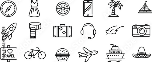 Travel icons in silhouette style for tourism and vacation