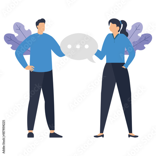 A man and a woman face each other holding a large empty speech bubble between them, indicating active dialogue or negotiation is taking place.