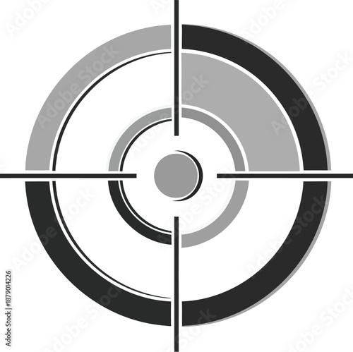 A monochromatic, intricate circular target or crosshairs symbol with varying shades of gray and black, representing focus, precision, accuracy, strategy, and aiming.