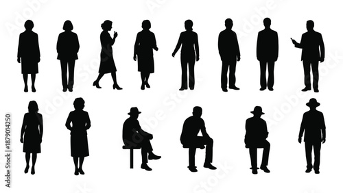 Various silhouettes of people in different poses isolated on white background, Vector
