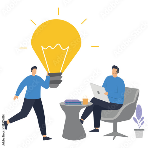 One man runs toward another seated colleague while presenting a giant glowing light bulb representing a successful new concept or breakthrough.