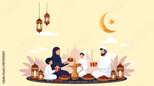 Eid celebration, Muslim family gathering, exchanging gifts, festive lanterns, crescent moon, mosque silhouette, traditional attire, dates, coffee pot, flat vector illustrationEid celebration, 