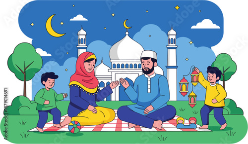 Muslim family picnic near mosque, children with lanterns, festive celebration, flat vector illustration, Islamic tradition, Eid holiday scene
