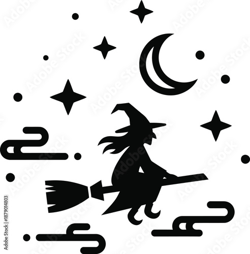 halloween witch flying, Witch Flying on Broomstick Silhouette in Night Sky with Crescent Moon and Stars, Halloween Vector Illustration for Festive Decorations, Spooky Magic Occult Concept Graphic.