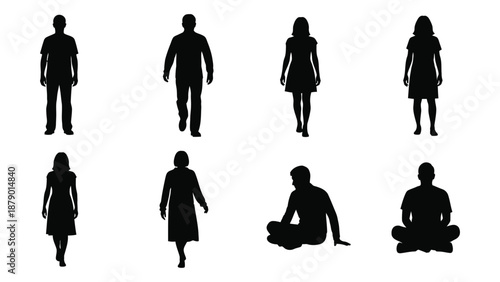 Silhouettes of people in various poses isolated on white background, Vector
