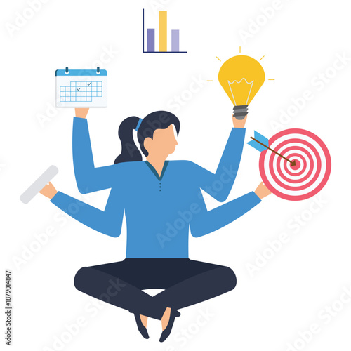 Multitasking businesswoman sits cross-legged while juggling a calendar, lightbulb, target, and schedule tools effectively.