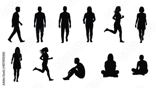 Various silhouettes of people in different poses isolated on white background, Vector