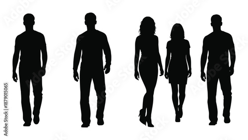 Silhouettes of five people isolated on white background, Vector