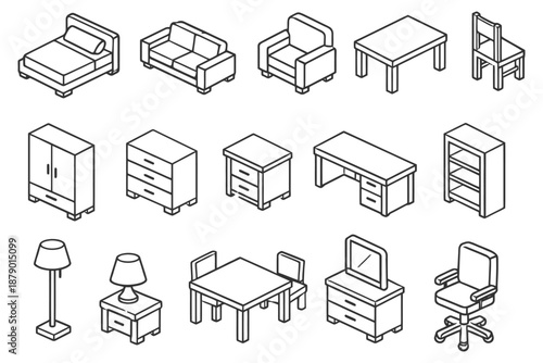 Isometric furniture set with chairs, tables, bed, sofa, cabinets, and lamps in outline design.