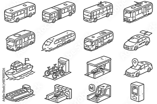 Isometric transport icons set featuring buses trains cars bikes ferries and ticket machines.