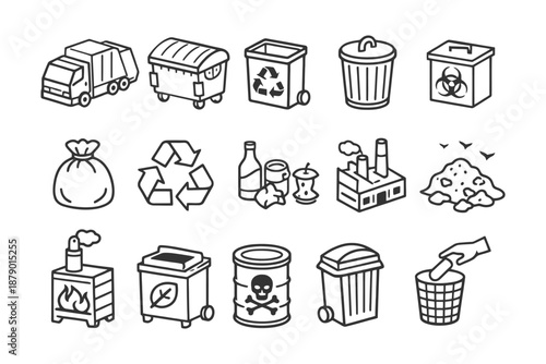 Waste management icons: recycling and disposal symbol collection.
