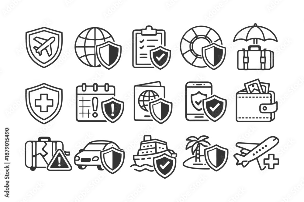 Obraz premium Travel and insurance icons: plane, passport, car, wallet, globe, suitcase.