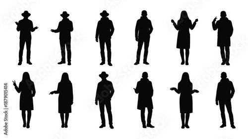 Diverse group of silhouetted figures isolated on white background, Vector