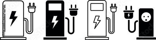 Electric vehicle charging station icon set with power plug and lightning bolt symbol isolated on white background
