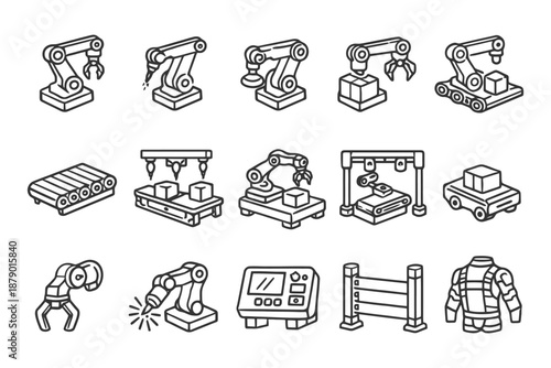 Industrial automation icons: robotics, conveyor systems, control panels, and machinery.