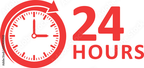 Red 24 hours service clock icon with arrow for full day delivery and support isolated on white background