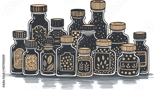 Set of decorative herbal spice bottles with golden patterns isolated