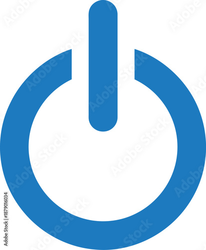 A prominent blue power on/off button symbol designed for digital interfaces and electronic devices, indicating the action of switching system functionality.