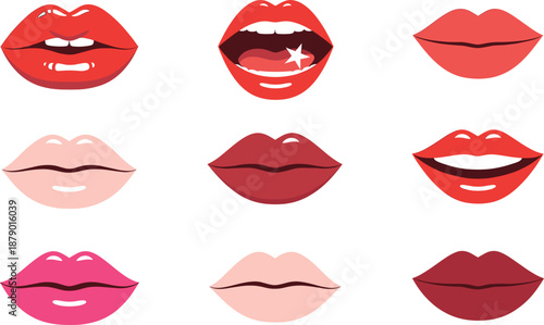 Set of colorful woman lips and mouth icons with different expressions and lipstick shades isolated on white background