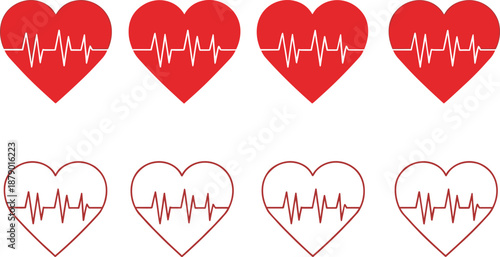 Set of red heart icons with EKG heartbeat pulse line for medical health and cardiology concept isolated on white background
