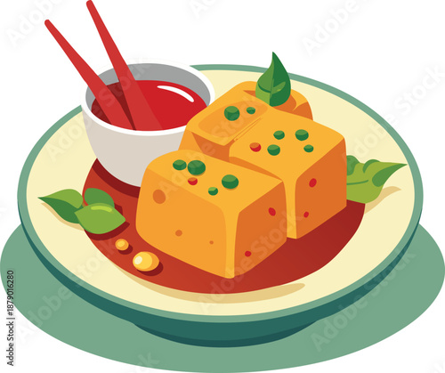 Fried tofu cubes with dipping sauce and chopsticks flat vector illustration for Asian restaurant menu and food blog design