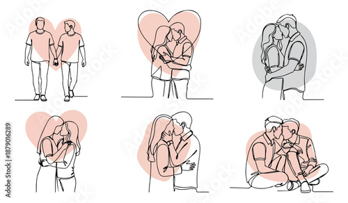 A collection of minimalistic line art illustrations depicting romantic couples in various affectionate poses with heart shapes enhancing the loving theme