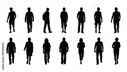 Silhouettes of people in various poses isolated on white background, Vector