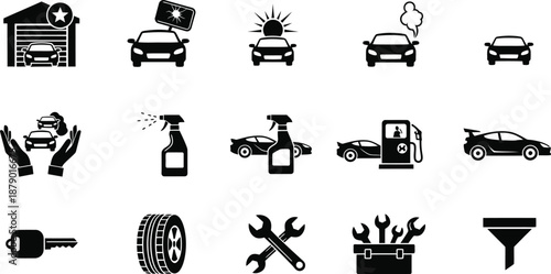 Silhouette icons of car maintenance and repair services