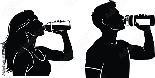Silhouette people drinking, hydration concept, black and white illustration, fitness theme, health awareness, bottle pose, flat vector illustration