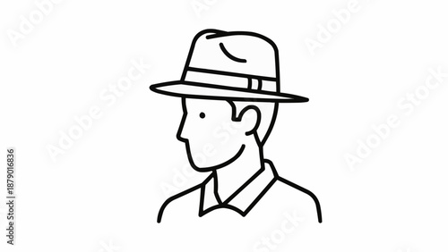 Line art illustration of a man wearing a fedora hat.