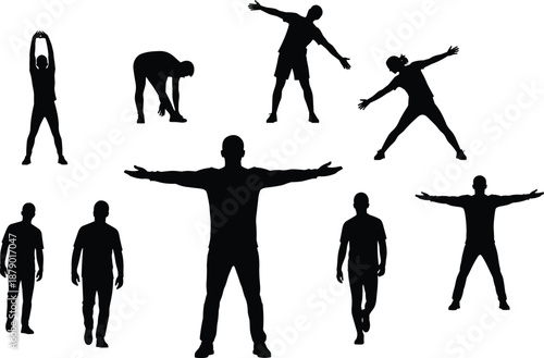 Silhouette set of standing and stretching poses, eight human figures in exercise positions, fitness movement vector illustration