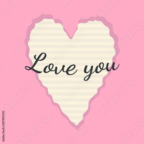 Beige cutout paper heart on pink textured background and text. Vector background